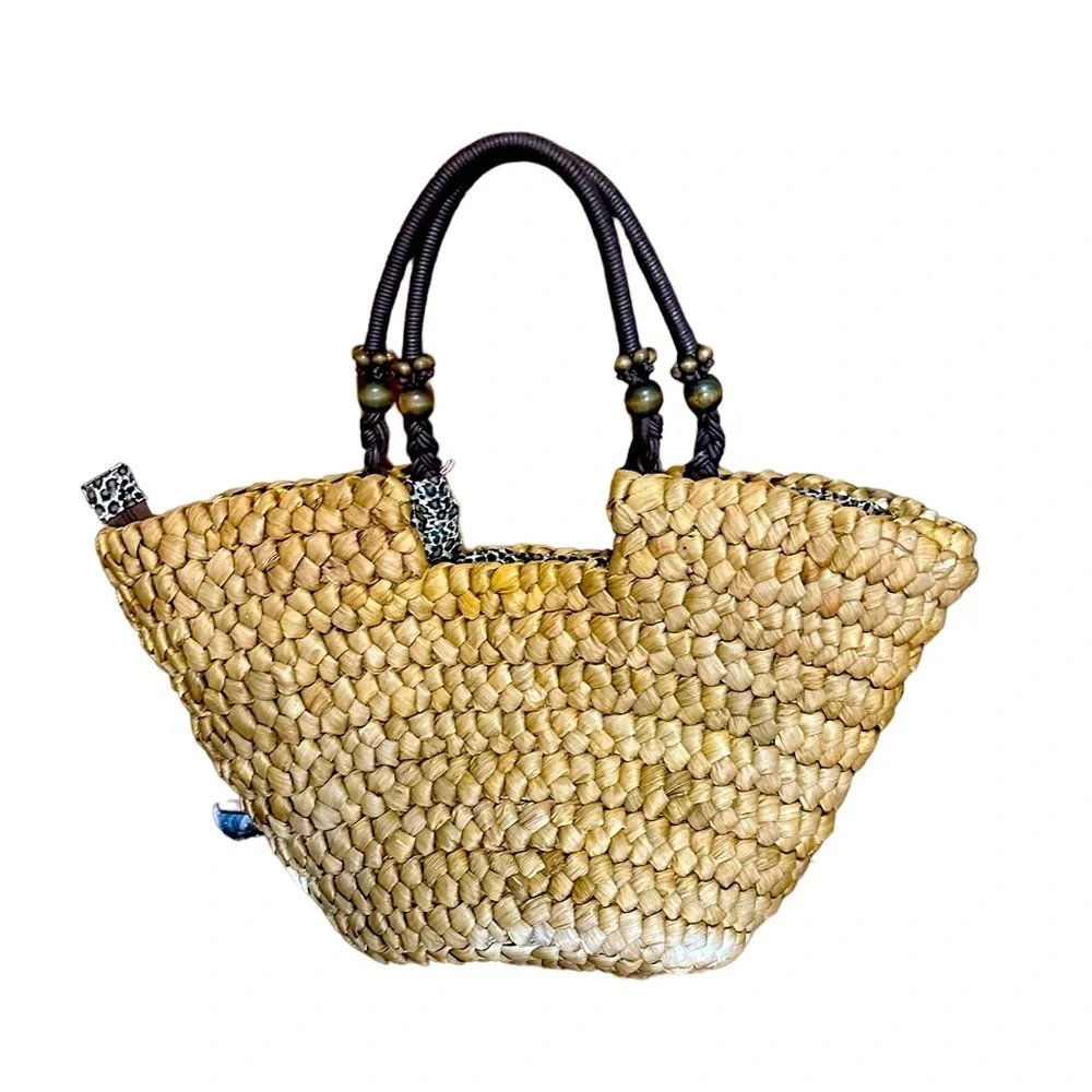 Sun N Sand rattan straw summer basquet shoulder beach market carryall tote bag - Picture 2 of 5